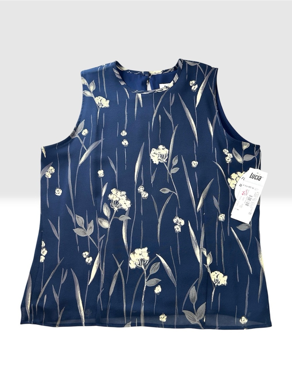 Lucia Vintage Floral Sleeveless Blouse USA Sz 12 Navy Blue Sheer Layered Top NWT